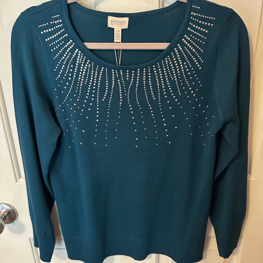 Greige Teal Embellished Women's Sweater